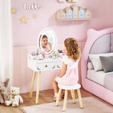 AIYAPLAY Kids Vanity Table and Chair Set with 3-Colour LED Lights Mirror, Drawer, Storage Boxes, for 3+ Years, White