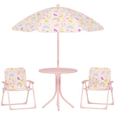 AIYAPLAY 4 Pieces Kids Garden Table and Chair Set with Adjustable Parasol, Folding Chairs, Table, Rainbow Pattern, Pink