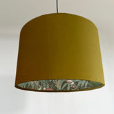 Mustard velvet wonderland drum lampshade, double sided lampshade with sage wonderland paper on interior