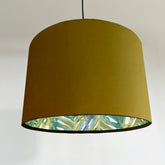 Mustard Velvet & Leaves Double Sided Drum Lampshade | Handmade Ceiling Light Shade | Bespoke UK