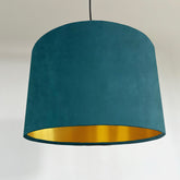 Teal velvet drum lampshade/ ceiling shade with a metallic brushed gold lining