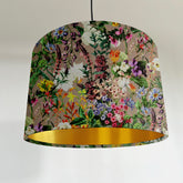 Grey flowers velvet drum lampshade / ceiling shade, with a metallic brushed gold lining