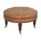 Brown Buffalo Leather Round Ottoman with Castor Legs Storage Bench | Brass