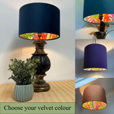 Velvet & Multicoloured Leaves Double Sided Drum Lampshade | Handmade Ceiling Light Shade | Bespoke UK