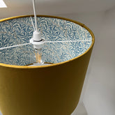 Mustard Velvet & William Morris Blue Willow Leaves Double Sided Drum Lampshade | Handmade Ceiling Light Shade | Bespoke UK