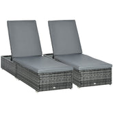 Outsunny PE Rattan Sun Loungers set of 2 with Cushion, Outdoor 2 Pieces Garden Sunbed Furniture with 5-Level Recliner Backrest, Reclining Patio Wicker Bed Chair, Grey
