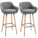 HOMCOM Set of 2 Bar Stools Modern Upholstered Seat Bar Chairs w/ Metal Frame, Solid Wood Legs Living Room Dining Room Fabric Furniture - Grey