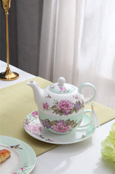 Tea for One Teapot Cup suacer Set Shaby Chic Flora Bird Rose Butterfly Porcelain Gift Box (Teal)