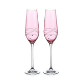 Diamante Pink Champagne Flutes with Spiral Design Cutting - Set of 2 - In Gift Box