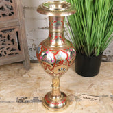 Vintage 60cm Large Brass Vase Hand Painted and Etched - Red