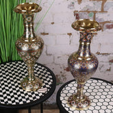 Vintage Brass Vase Pair 45cm Hand Painted and Etched