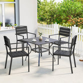 Outsunny Stackable Garden Chairs Set of 4, Garden Dining Chairs with Slatted HDPE Seat Back, Armrests, Metal Frame, Black