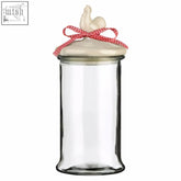 Abbie glass storage jar 1650ml with clear glass body cream ceramic lid and red white checkered ribbon storage jar