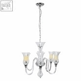 A five-arm abelia glass and chrome chandelier with clear glass shades and polished chrome finish