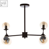 Abira 6 arm matte black pendant light with black metal frame and four spherical glass globe shades