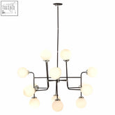 Abira black and chrome 16 arm pendant light with frosted glass globe lights and black metal frame arm pendant light