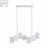 White modern abira chrome pendant lamp with 7 spherical glass globes and sleek metal frame for stylish lighting