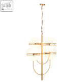 Gold-toned four ball brass pendant light with frosted glass shades and a modern geometric design