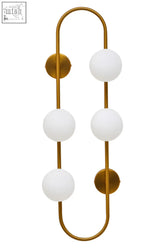 Abira four bulb white glass wall light with gold-toned curved frame and three frosted white glass shades vertically arranged