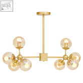 Abira gold 8 arm pendant light with gold-toned frame and glass bulbs features a stylish arm pendant design
