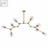 Abira light gold 8 arm pendant lamp with gold-toned frame and clear glass globe shades light gold pendant lamp