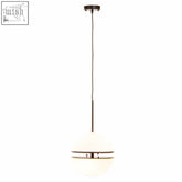 Abira matt black pendant light with a sleek frosted glass globe and two thin metallic bands as a stylish black pendant light