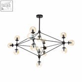 Matte black abira 15-arm pendant light featuring clear glass globe bulbs in a geometric starburst design