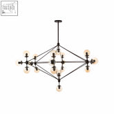 Abira matte black 21 arm pendant lamp with black metal frame and spherical glass bulbs in a diamond pattern