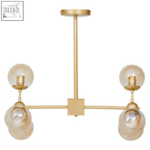 Abira six arm gold finish pendant light with six spherical glass bulbs in a modern gold-toned six arm pendant design