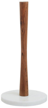 A sleek tapered acacia wood kitchen roll holder with a smooth white marble base for kitchen use