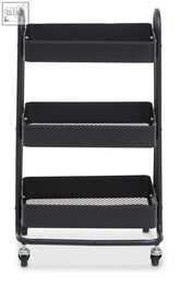 Black metal trolley with three mesh bottom shelves and casters perfect for easy rolling storage