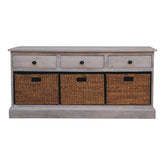 Gray wooden acid wash storage cabinet with three drawers and three woven basket storage compartments underneath