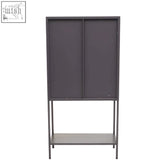 Dark gray grey metal cabinet with two glass doors and stand feet featuring a lower shelf for storage