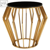Ackley gold round side table with gold-toned geometric base and sleek black glass top for stylish living spaces