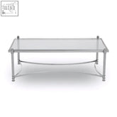 Modern rectangular ackley silver coffee table with clear glass top and sleek chrome metal legs