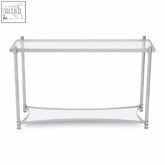 Ackley silver console table with clear glass top and bottom shelf and a sleek stainless steel frame