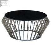 Ackley silver round coffee table with black glass top and geometric stainless steel frame in modern style