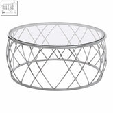 Ackley silver round coffee table with clear glass top and diamond-patterned stainless steel frame
