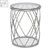 Ackley silver round side table with clear glass top and crisscrossing silver metal frame as a stylish accent piece