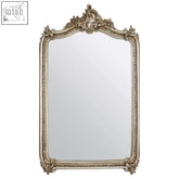 Antique-style adelere ornate champagne wall mirror with silver frame and gilded detailing in arched design