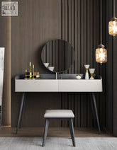 Modern white aden dressing table set with sleek black legs and round mirror mounted above for stylish use