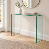 Transparent green glass console table with curved edges minimalist design clear glass console for modern spaces