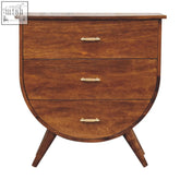 Mid-century modern chest of drawers with three curved drawers brass handles tapered legs in solid mango wood chestnut color