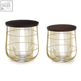 Gold wireframe side tables with dark mango wood tops in agra set featuring brass finish accents