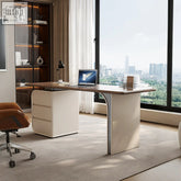 Modern minimalist ahn office desk with warm walnut wood top and sleek cream white drawers for stylish storage
