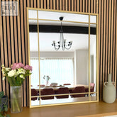 Aimi gold wall window mirror with gold metal frame and three vertical panels separated by thin metallic dividers