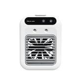 White portable air conditioner mini air cooler with black control panel silver grille featuring atomization technology for room office cars