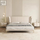 Cream-colored upholstered aisha floating bed with tufted high-back headboard and metal legs king size and super king size