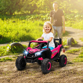 Pink and black AIYAPLAY 12V kids electric car with remote control, rugged tires, suspension, and glowing headlights