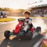 Red aiyaplay 24v electric go-kart with adjustable seat and black wheels for exciting rides for kids 6-12 years